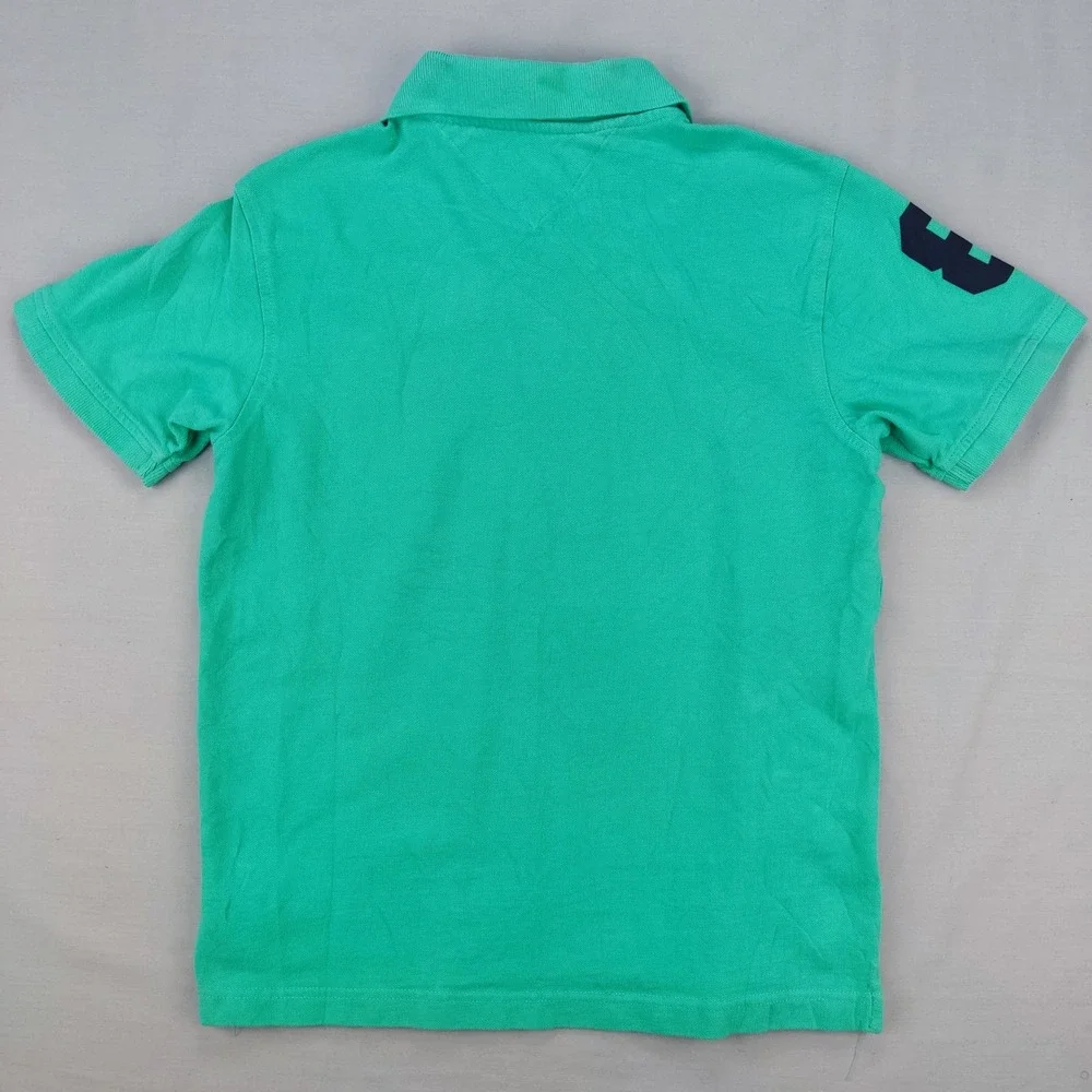 Tommy Hilfiger Polo Shirt Boys L 14/16 Green‎ H Logo Short Sleeve Pique Patch 8